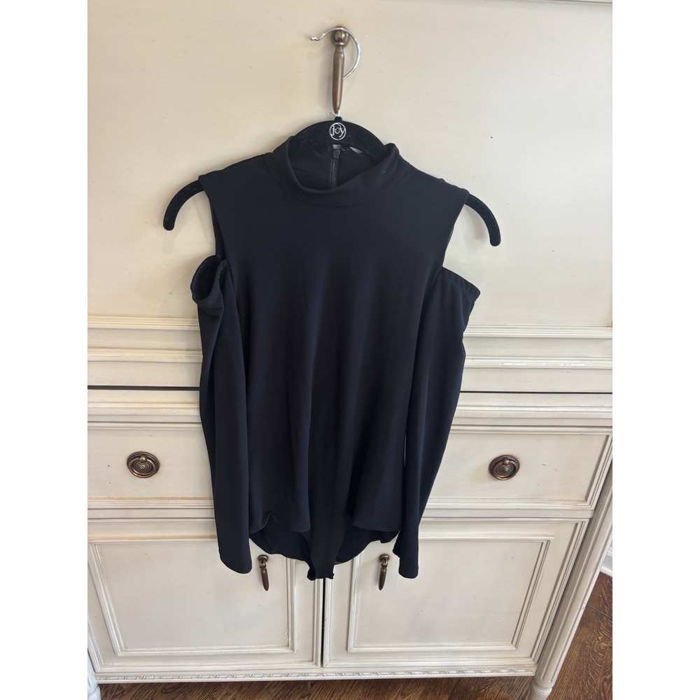 Alice + Olivia Long Sleeve Open Shoulder Black Body Suit High Neck Zip Medium‎